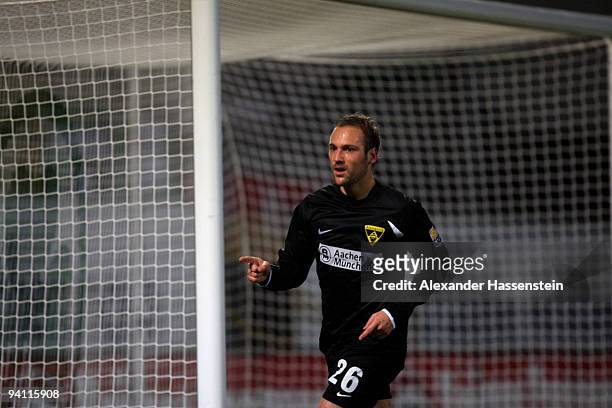 Patrick Milchraum of Aachen celebrates scoring the first team goal during the Second Bundesliga match between SpVgg Greuther Fuerth and Alemania...