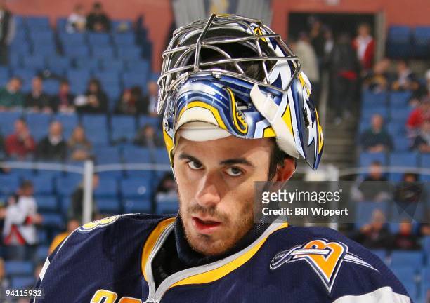 Ryan Miller of the Buffalo Sabres concentrates before playing the Montreal Canadiens on December 3, 2009 at HSBC Arena in Buffalo, New York.