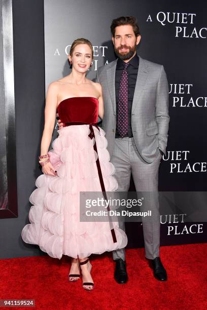 Actors Emily Blunt and John Krasinski attend the "A Quiet Place" New York Premiere at AMC Lincoln Square Theater on April 2, 2018 in New York City.