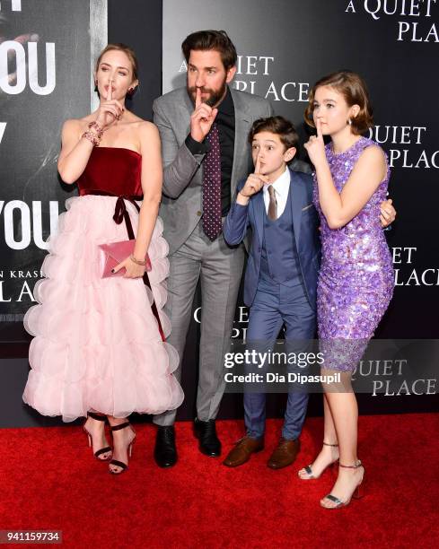 Actors Emily Blunt, John Krasinski, Noah Jupe and Millicent Simmonds attend the "A Quiet Place" New York Premiere at AMC Lincoln Square Theater on...