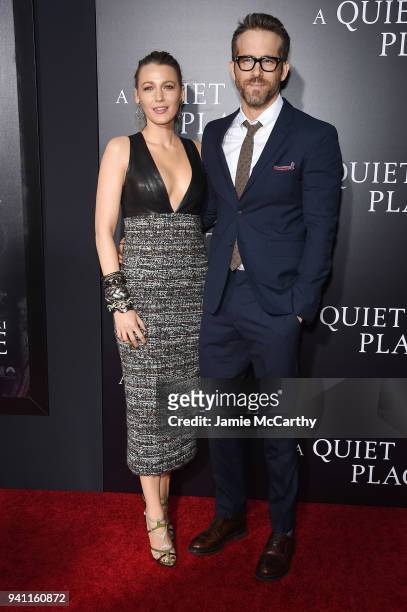 Blake Lively and Ryan Reynolds attend the premiere for "A Quiet Place" at AMC Lincoln Square Theater on April 2, 2018 in New York City.