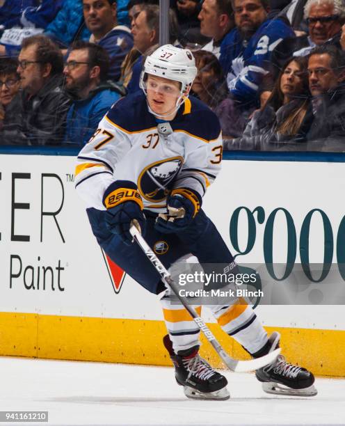 Casey Mittelstadt of the Buffalo Sabres skates against the Toronto Maple Leafs during the first period at the Air Canada Centre on April 2, 2018 in...