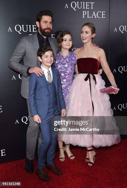 John Krasinski, Noah Jupe, Millicent Simmonds and Emily Blunt attend the premiere for "A Quiet Place" at AMC Lincoln Square Theater on April 2, 2018...