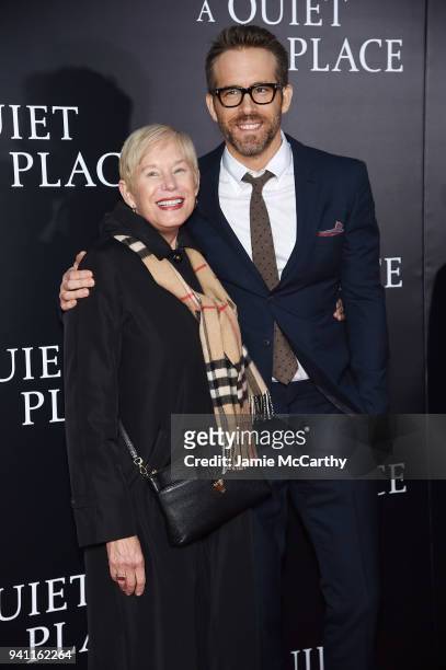 Tammy Reynolds and Ryan Reynolds attend the premiere for "A Quiet Place" at AMC Lincoln Square Theater on April 2, 2018 in New York City.
