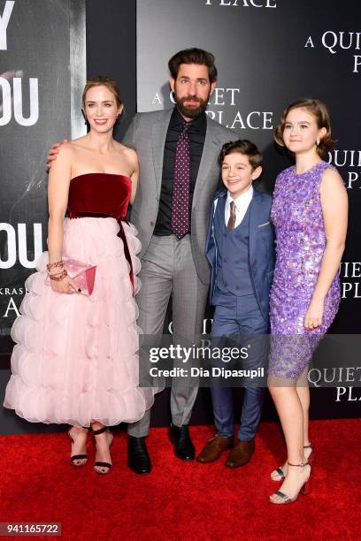 Actors Emily Blunt, John Krasinski, Noah Jupe and Millicent Simmonds attend the "A Quiet Place" New York Premiere at AMC Lincoln Square Theater on...