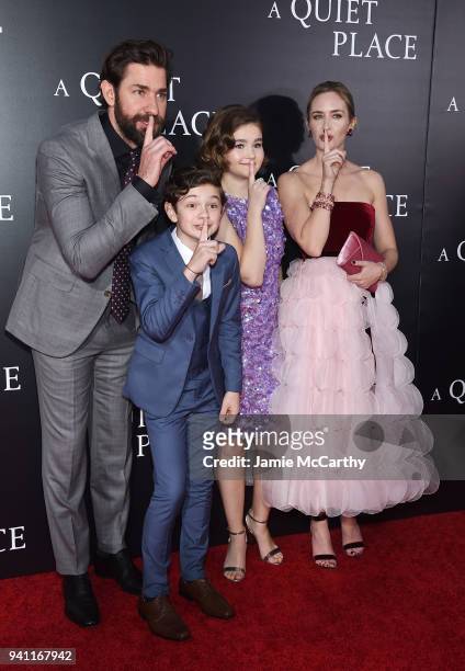 John Krasinski, Noah Jupe, Millicent Simmonds and Emily Blunt attend the premiere for "A Quiet Place" at AMC Lincoln Square Theater on April 2, 2018...