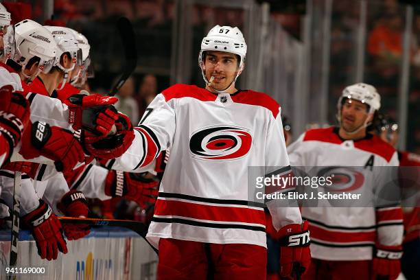 Trevor van Riemsdyk of the Carolina Hurricanes celebrates his goal with teammates during the first period against the Florida Panthers at the BB&T...
