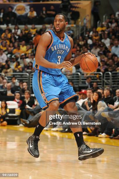 White of the Oklahoma City Thunder moves the ball up court during the game against the Los Angeles Lakers on November 22, 2009 at Staples Center in...