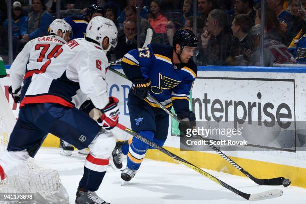 Jaden Schwartz of the St. Louis Blues controls the puck against the Washington Capitals at Scottrade Center on April 2, 2018 in St. Louis, Missouri.