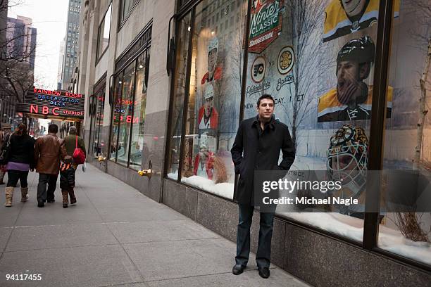 Milan Lucic, of the Boston Bruins, visits the NHL Winter Classic window display at the NBC Experience Center at Rockefeller Center on December 7,...