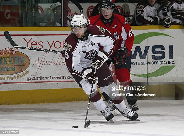 Zack Kassian of the Peterborough Petes skates with the puck in a game against the Windsor Spitfires on December 5,2009 at the Peterborough Memorial...