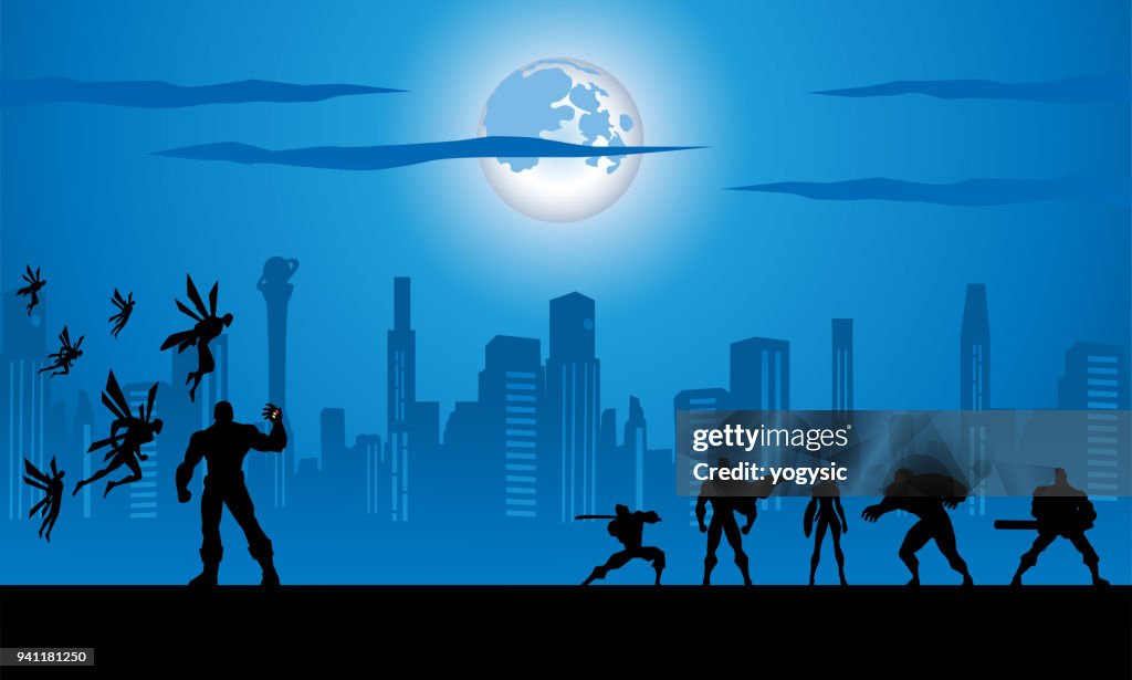 Vector superhelden Team vechten een leger Monster silhouet