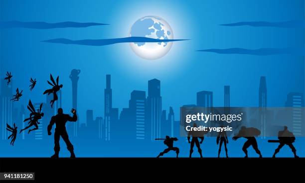 vector superheroes team fighting an army monster silhouette - manga style stock illustrations