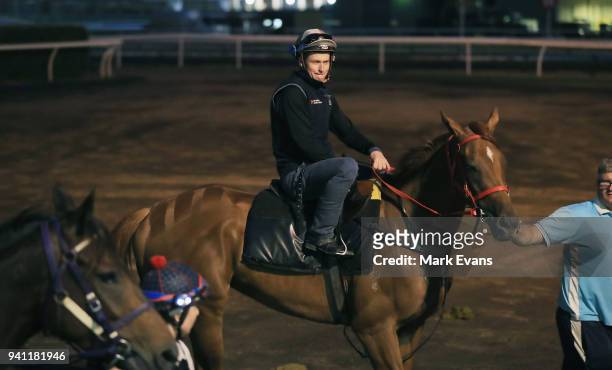 Jockey James McDonald riding for Gai Waterhouse and Adrian Bott on his first day back after an 18 month suspension during a trackwork session ahead...