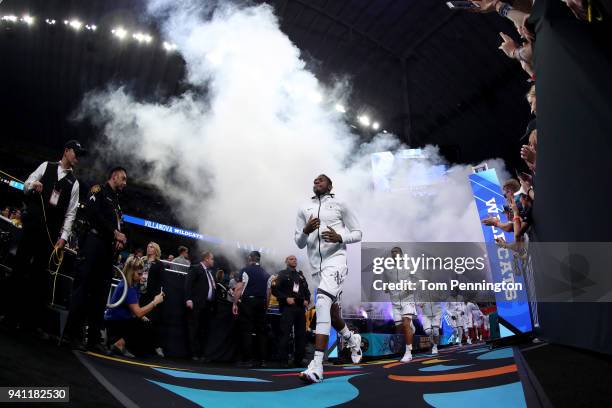 Dhamir Cosby-Roundtree of the Villanova Wildcats reacts as he takes the court before the 2018 NCAA Men's Final Four National Championship game...