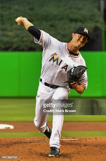 Trevor Richards of the Miami Marlins in his major league debut against the Boston Red Sox at Marlins Park on April 2, 2018 in Miami, Florida.