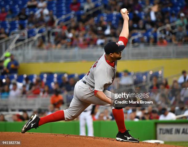 Brian Johnson of the Boston Red Sox pitches in the first inning against the Miami Marlins at Marlins Park on April 2, 2018 in Miami, Florida.