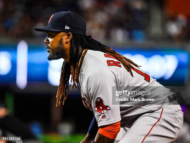 Hanley Ramirez of the Boston Red Sox during the game against the Miami Marlins at Marlins Park on April 2, 2018 in Miami, Florida.