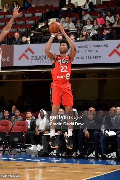Malachi Richardson of the Raptors 905 shoots the ball against the Westchester Knicks during the Eastern Conference Semifinals of the NBA G-League...
