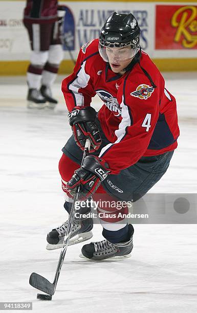 Taylor Hall of the Windsor Spitfires skates during the warm-up prior to a game against the Peterborough Petes on December 5,2009 at the Peterborough...