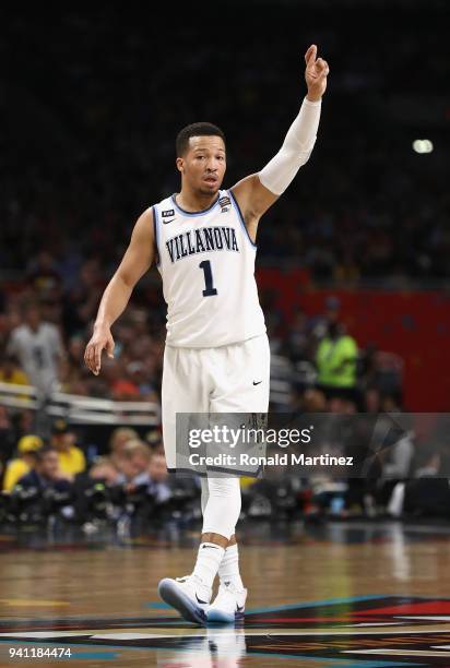 Jalen Brunson of the Villanova Wildcats reacts in the first half against the Michigan Wolverines during the 2018 NCAA Men's Final Four National...