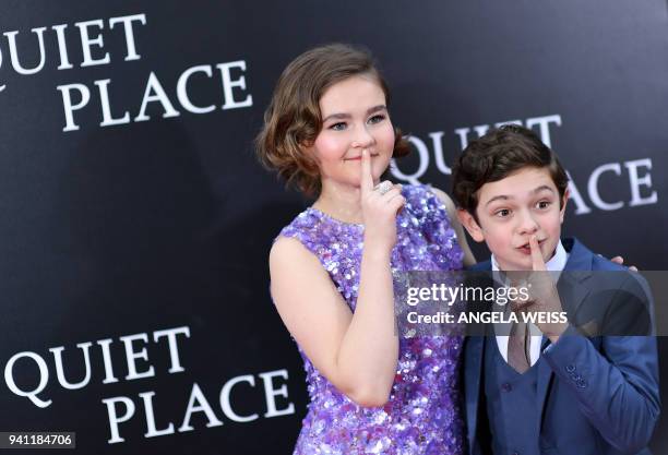 Millicent Simmonds and Noah Jupe attend the Paramount Pictures premiere for 'A Quiet Place' at AMC Lincoln Square Theater on April 2, 2018 in New...