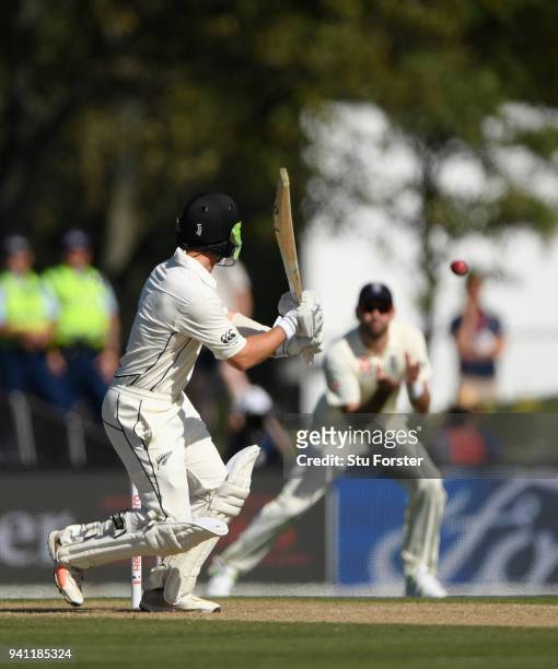 New Zealand batsman BJ Watling guides the ball to be caught by James Anderson off the bowling of Mark Wood during day five of the Second Test Match...