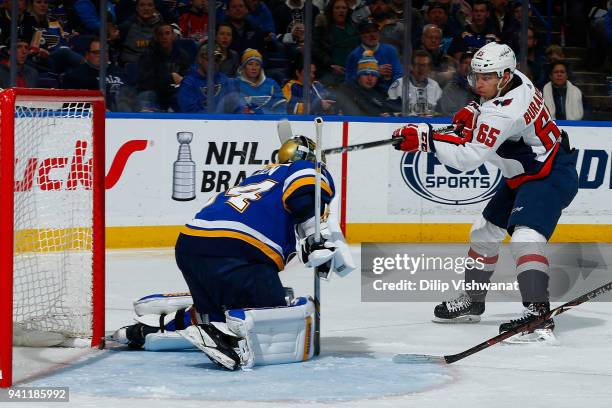 Andre Burakovsky of the Washington Capitals scores a goal against Jake Allen of the St. Louis Blues at Scottrade Center on April 2, 2018 in St....