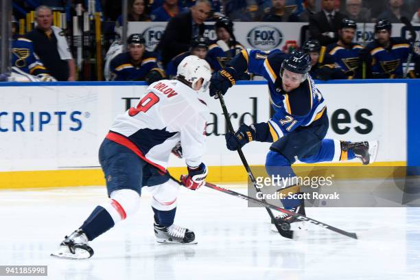 Vladimir Sobotka of the St. Louis Blues takes a shot against the Washington Capitals at Scottrade Center on April 2, 2018 in St. Louis, Missouri.