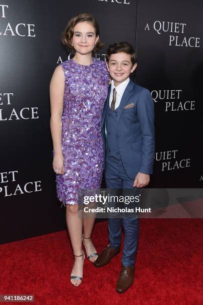 Actors Millicent Simmonds and Noah Jupe attend the Paramount Pictures New York Premiere of "A Quiet Place" at AMC Lincoln Square theater on April 2,...