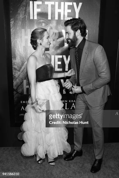 Actors Emily Blunt and John Krasinski attend the Paramount Pictures New York Premiere of "A Quiet Place" at AMC Lincoln Square theater on April 2,...