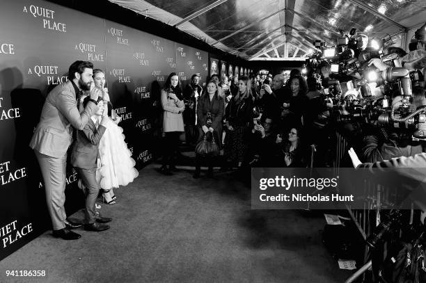 Actors John Krasinski, Noah Jupe, Millicent Simmonds, and Emily Blunt attend the Paramount Pictures New York Premiere of "A Quiet Place" at AMC...