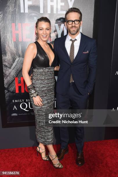Blake Lively and Ryan Reynolds attend the Paramount Pictures New York Premiere of A Quiet Place at AMC Lincoln Square theater on April 2, 2018 in...