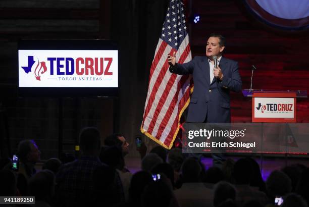 Sen. Ted Cruz speaks during a rally to launch his re-election campaign at the Redneck Country Club on April 2, 2018 in Stafford, Texas. Cruz is...