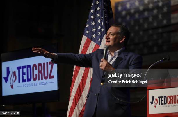 Sen. Ted Cruz speaks during a rally to launch his re-election campaign at the Redneck Country Club on April 2, 2018 in Stafford, Texas. Cruz is...