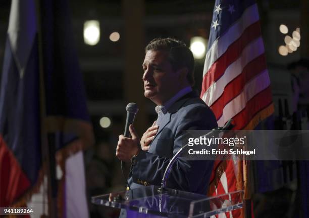 Sen. Ted Cruz speaks during a rally to launch his re-election campaign at the Redneck Country Club on April 2, 2018 in Stafford, Texas. Cruz is...