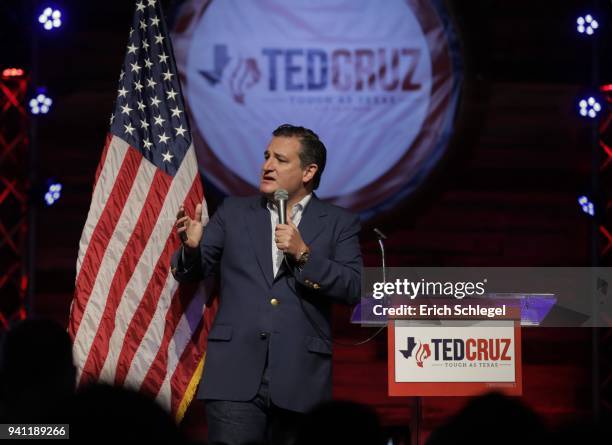 Sen. Ted Cruz speaks during a rally to launch his re-election campaign at the Redneck Country Club on April 2, 2018 in Stafford, Texas. Cruz is...