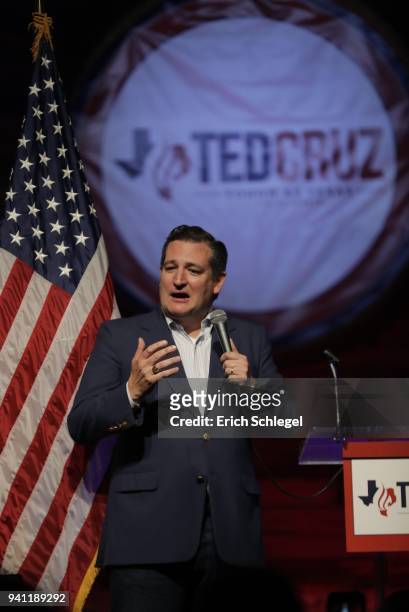 Sen. Ted Cruz speaks during a rally to launch his re-election campaign at the Redneck Country Club on April 2, 2018 in Stafford, Texas. Cruz is...