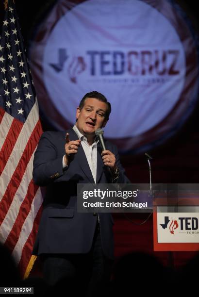 Sen. Ted Cruz speaks during a rally to launch his re-election campaign at the Redneck Country Club on April 2, 2018 in Stafford, Texas. Cruz is...