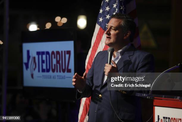 Sen. Ted Cruz speaks during a rally to launch his re-election campaign at the Redneck Country Club on April 2, 2018 in Stafford, Texas. Cruz is...