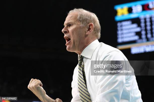 Head coach John Beilein of the Michigan Wolverines reacts against the Villanova Wildcats in the first half during the 2018 NCAA Men's Final Four...