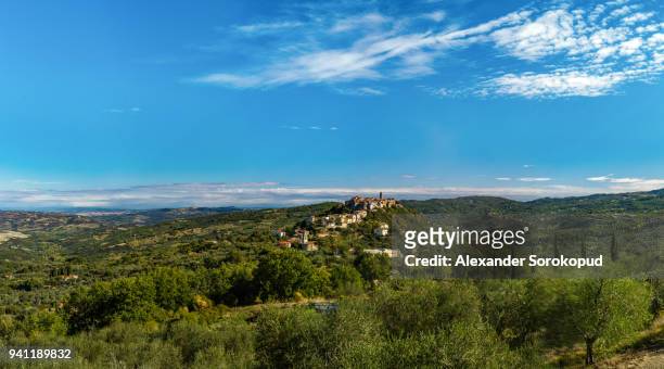 beautiful medieval italian city on the green hill in tuscany, panoramic view - agriturismo stock-fotos und bilder