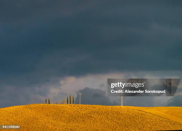 majestic italian panoramic landscape. sunset time with vivid autumnal colors. stormy weather and dark clouds. tuscany. - agriturismo stock-fotos und bilder