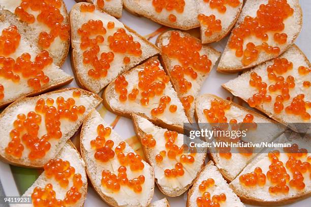 close-up of sandwiches with salmon caviar toppings, kiev, ukraine - red caviar stock pictures, royalty-free photos & images