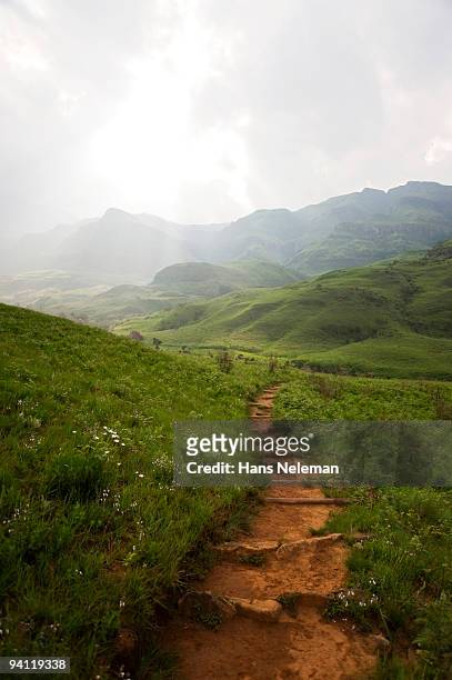 trail passing through a rolling landscape, drakensberg, south africa - drakensberg stock pictures, royalty-free photos & images
