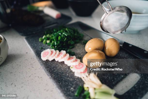 ramen ingredients being prepared in the kitchen - char siu pork stock pictures, royalty-free photos & images