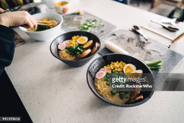 ramen ingredients being prepared in the kitchen - char siu pork stock pictures, royalty-free photos & images