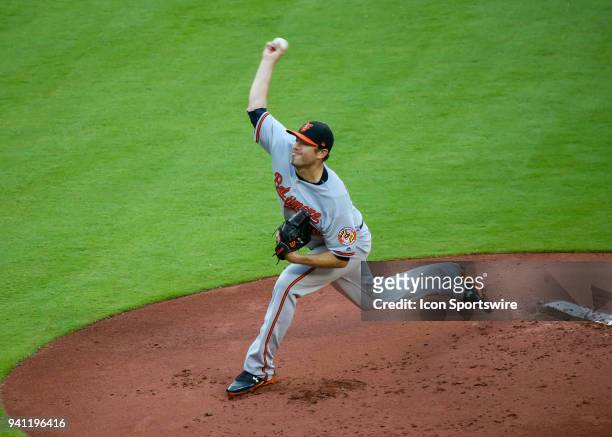 Baltimore Orioles starting pitcher Chris Tillman throws a pitch in the first inning during the MLB game between the Baltimore Orioles and Houston...