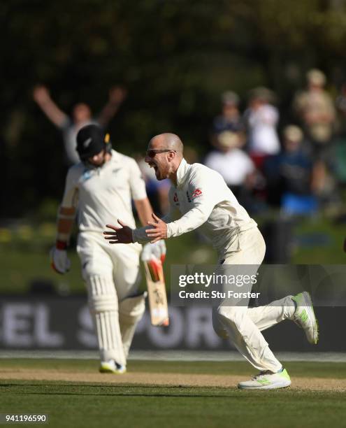 England bowler Jack Leach celebrates after taking the wicket of Tom Latham during day five of the Second Test Match between the New Zealand Black...