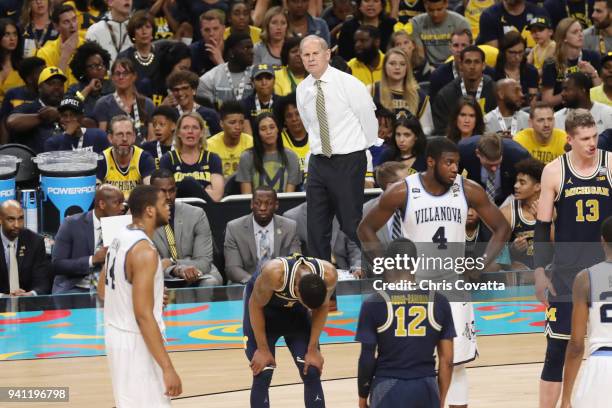 Head coach John Beilein of the Michigan Wolverines looks on against the Villanova Wildcats in the first half during the 2018 NCAA Men's Final Four...